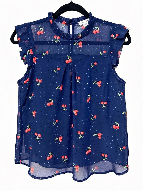 Monteau Tops - Monteau Cherry Print Blouse in Blue & Red